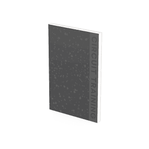 A gray book, titled "Circuit Training" on the spine, sits prominently among fitness journals.