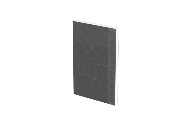 A gray book, titled "Circuit Training" on the spine, sits prominently among fitness journals.