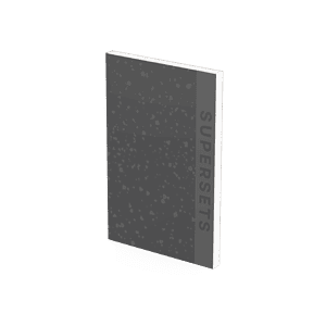 A gray notebook titled 'SUPERSETS' on the spine stands upright against a black background, embodying the essence of fitness journals.