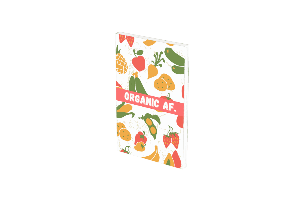 A captivating bookstore find, "ORGANIC AF." boasts vibrant illustrations of fruits and vegetables like strawberries, bananas, pineapples, and cucumbers on its cover.