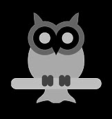 A stylized gray owl with large eye rings perched on a branch, set against a black background.