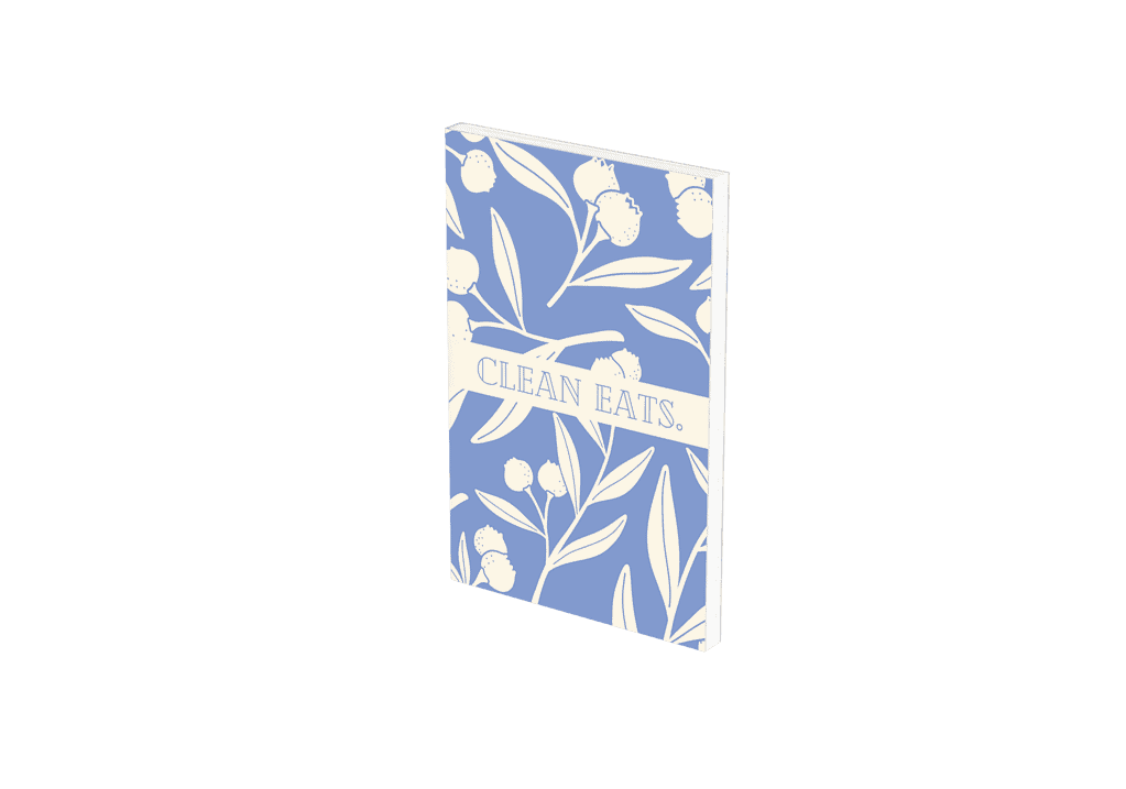 A book titled "Clean Eats," featuring a blue and white floral cover design, perfect for your next visit to the bookstore.