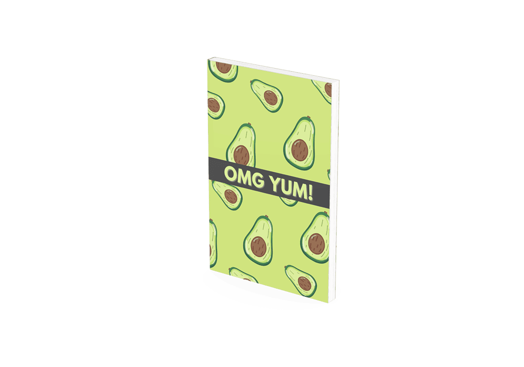 A book cover displayed in a bookstore features illustrated avocados with the title "OMG YUM!" on a vibrant green background.