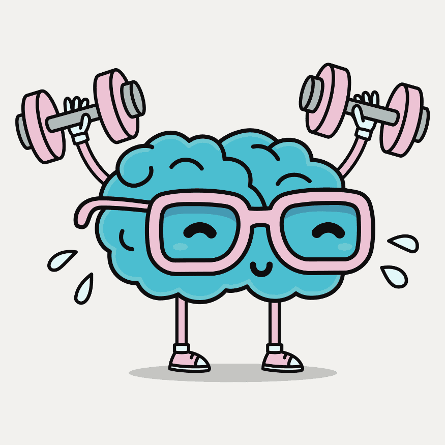 Illustration of a smiling brain wearing glasses and lifting pink dumbbells, with sweat droplets indicating effort, showcasing its dedication to mental Pilates.