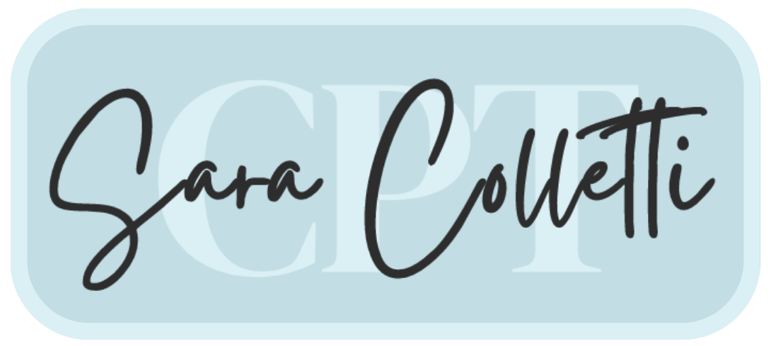 A rectangular blue logo displaying the name "Sara Colletti" in cursive font overlaying the faint initials "CPT" in the background.