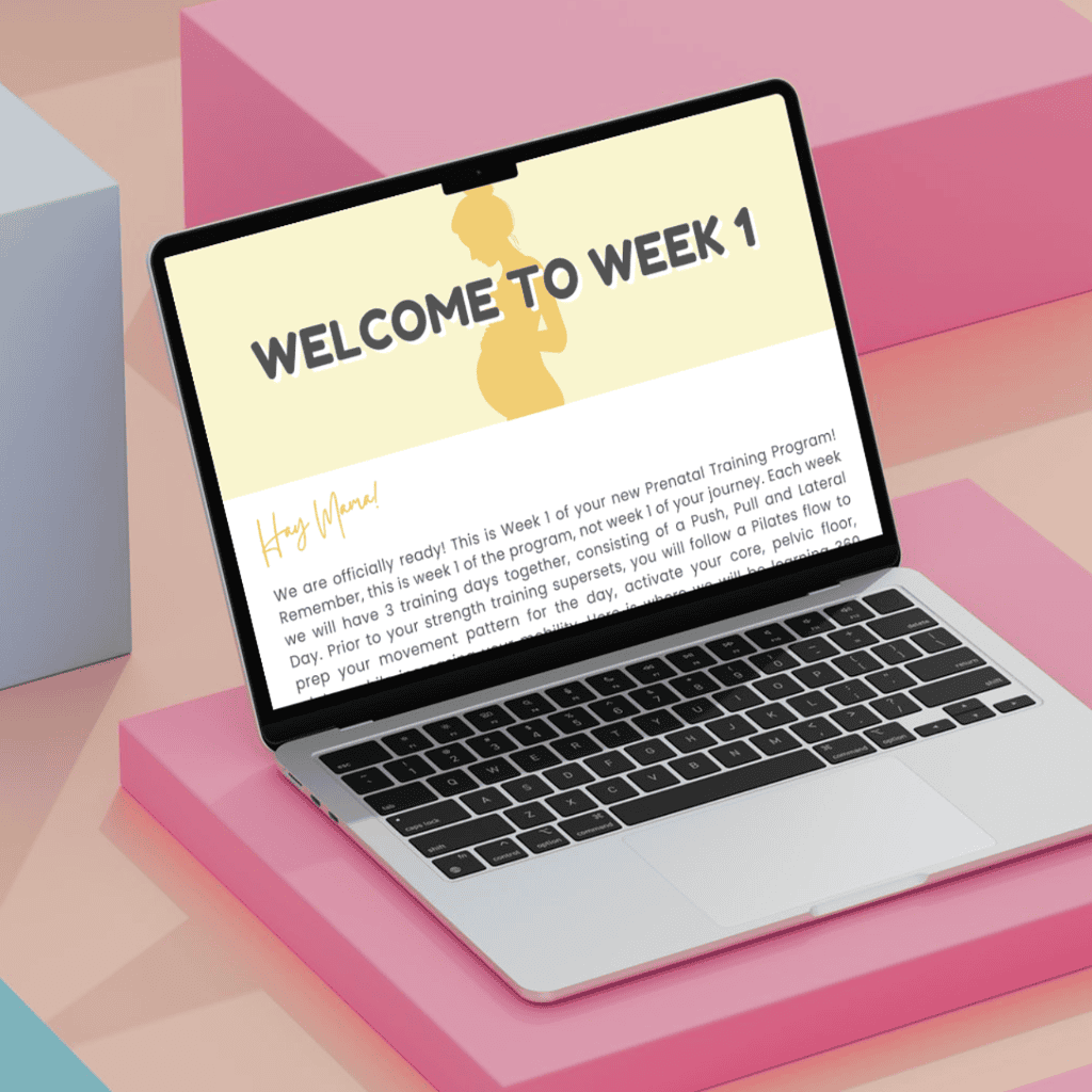 A laptop displays a welcome message for Sara Colletti Prenatal Fitness Program's Week 1.
