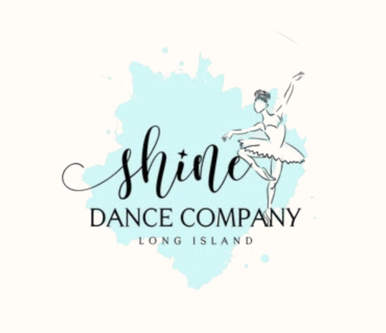 Logo for Shine Dance Company Long Island; features a blue paint splash, cursive "shine" text, and a ballerina in arabesque pose inspired by Sara Colletti Personal Fitness.